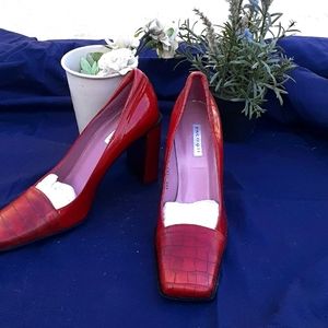 Real Leather Ruby Red Snakeskin Chunky Wide Heels